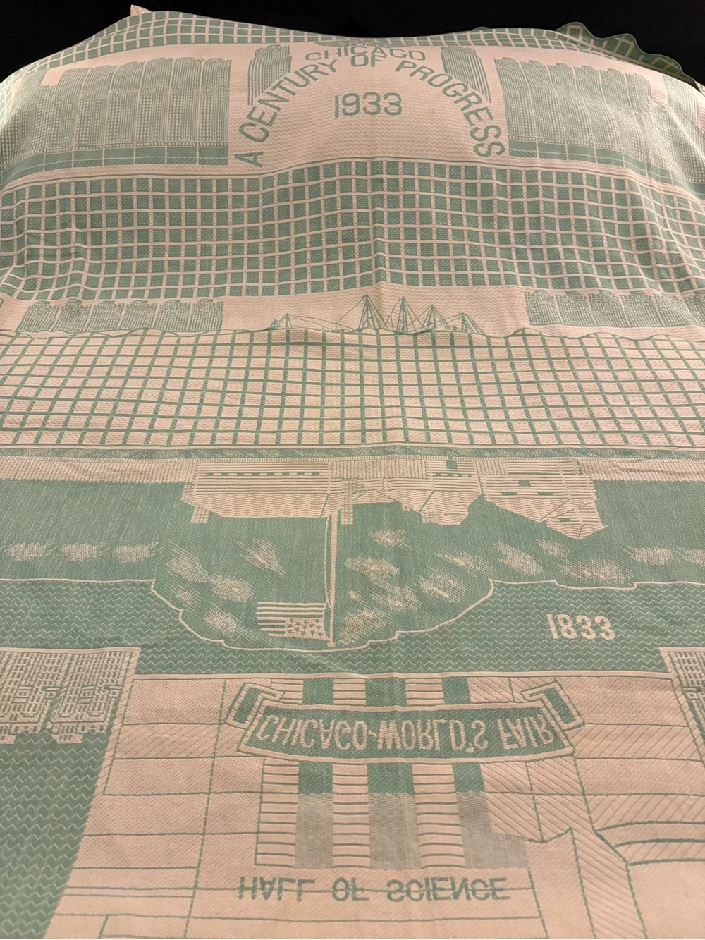 Vintage Chicago 1933 Authentic World’s Fair Jacquard Bedspread - Green & Cream